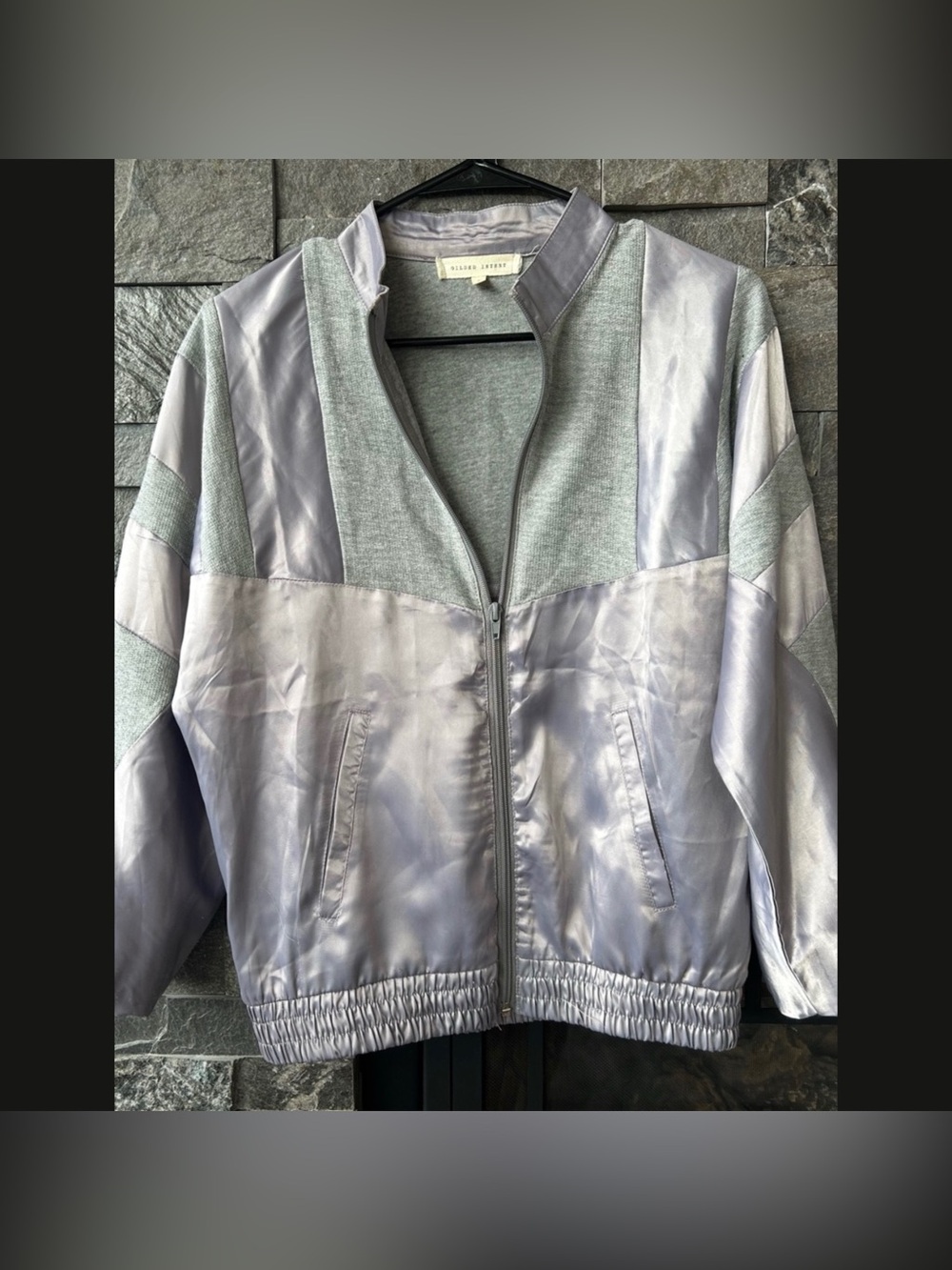 Gilded Intent Lilac Satin & Grey Panel Bomber Jacket